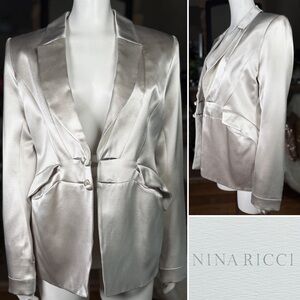 Nina Ricci Silver Satin Silk Single Breasted Tuxedo Style Blazer, Sz 42/10